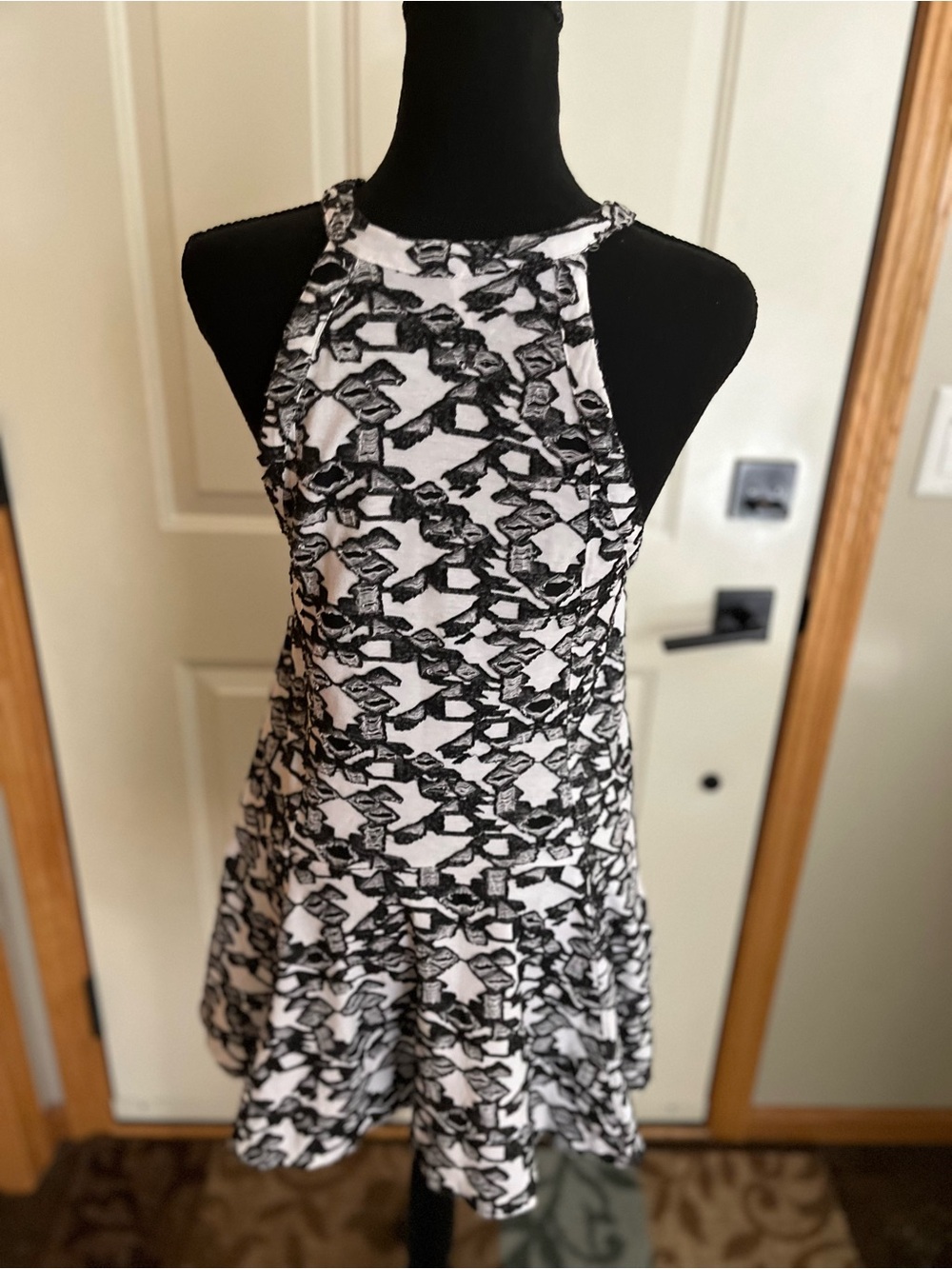 Free People black white distress halter fit & flare mini dress. Size small - Picture 3 of 15